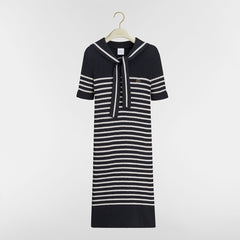 DIOR Dioriviera Dior Marinière Straight Dress with Sailor Collar Navy Blue and White Ribbed Cotton Knit #387480