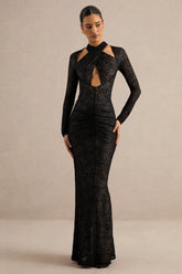 Perriane | Black Lace Halter-Neck Maxi Dress With Cut-Out Details