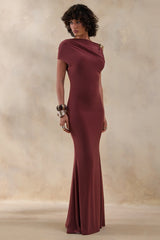 Blaire | Brown Asymmetric-Neck Maxi Dress With Gold-Detailing