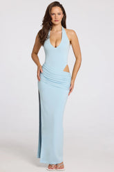 Deep Plunge Halterneck Maxi Dress In Powder Blue