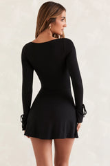 Square Neck Long Sleeve Mini Dress In Black
