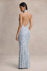 Zaira | Silver Sequin High-Neck Maxi Dress With Open-Back