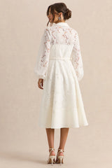 Jules | Cream Broderie High-Neck Tailored Midi Dress With Puff-Sleeves