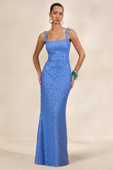 Lucelle | Powder Blue Sequin Scoop-Neck Maxi Dress