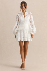 Helena | White V-Neck Mini Dress With Puff-Sleeves And Pleated Skirt