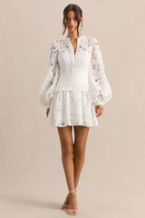 Helena | White V-Neck Mini Dress With Puff-Sleeves And Pleated Skirt
