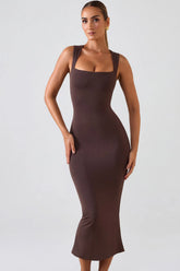 Square Neck Midi Dress In Chocolate Brown