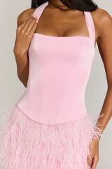 Satin Corset Feathered Mini Dress In Blossom Pink
