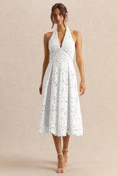 Maribel | White Lace Plunge-Neck Midi Dress