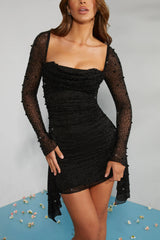 Long Sleeve Embellished Cowl Neck Mini Dress In Black