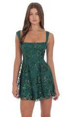 Floral Sequin Fit and Flare Dress in Green