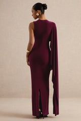 Maravelle | Burgundy Round-Neck Maxi Dress With Cape Sleeve