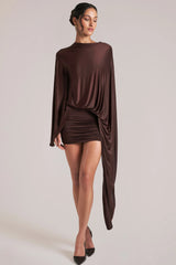Draped Cape Mini Dress In Chocolate Brown