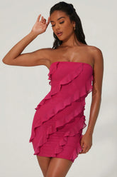 Bandeau Ruffle Detail Mini Dress In Raspberry