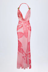 Cowl-Neck Hardware-Detail Maxi Dress In Pink Orchid Print