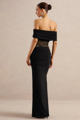 Forsya | Black Bardot-Neck Maxi Dress With Lace-Detailing