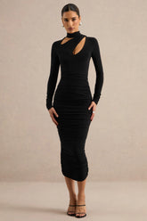 Fiorina | Black High-Neck Midi Dress With Chest Cut-Outs