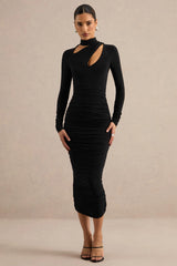 Fiorina | Black High-Neck Midi Dress With Chest Cut-Outs