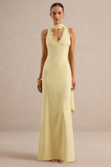 True Icon | Lemon Satin High-Neck Maxi Slip Dress With Sash