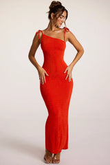 Textured Jersey Open Back Maxi Dress In Fiery Red