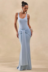 Solyra | Powder Blue Square-Neck Maxi Dress With Sash And Cape Detail