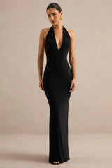 Maristela | Black Plunge-Neck Maxi Dress With Gloves