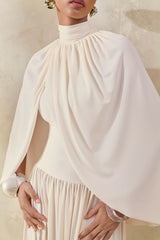 Honora | Cream High-Neck Midi Dress With Cape-Sleeves