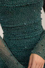 Embellished Cowl-Neck Draped Mini Dress In Emerald Green