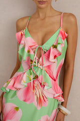 Marlen | Green Floral Print Satin Plunge-Neck Maxi Dress With Ruffled Detailing