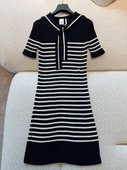 DIOR Dioriviera Dior Marinière Straight Dress with Sailor Collar Navy Blue and White Ribbed Cotton Knit #387480