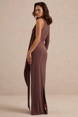Epona | Dark Brown Wide-Neck Maxi Dress With One-Long Sleeve And Sash-Detail