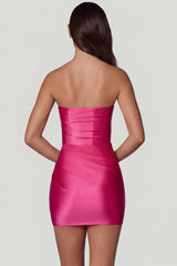 Ruched Bandeau Mini Dress In Hot Pink