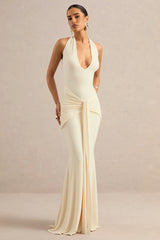 Avalie | Cream Plunge-Neck Maxi Dress With Gathered Detailing