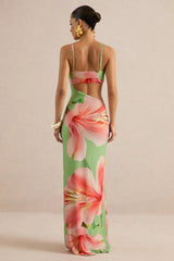 Miralina | Dark Green Floral Print Sweetheart-Neck Maxi Dress