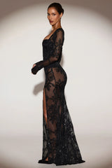 Sheer Embellished Bodysuit Corset Gown Dress In Black