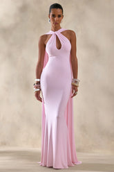 Rhoda | Light Pink Twist Halter-Neck Cape Maxi Dress