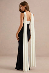 Cassina | Black And White Twist Halter-Neck Cape Maxi Dress