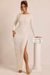 Embellished Long Sleeve Backless Maxi Dress In White