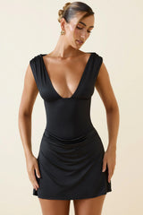 Draped Open-Back A-Line Mini Dress In Black