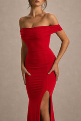 Law Of Attraction | Red Bardot Draped Split Maxi Dress