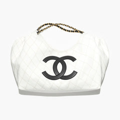 Chanel 26m Coco Beach Large Drawstring Beach Tote Bag In White With Black Double C Logo Stylish Elegant Chain-strap Bags Lady Bags #197029
