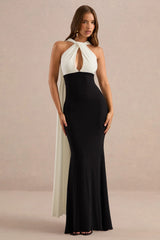Cassina | Black And White Twist Halter-Neck Cape Maxi Dress
