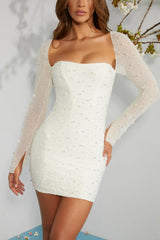 Long Sleeve Embellished Corset Mini Dress In Ivory