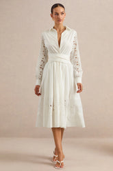 Zalynne | White Broderie Collared-Neck Midi Dress