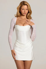 Embellished Long-Sleeve Draped Mini Dress In White