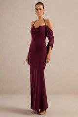 Karisa | Burgundy Satin Cowl-Neck Maxi Dress With Draped Detail