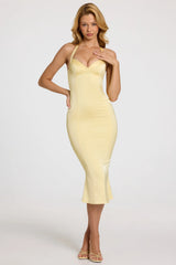Satin Sweetheart Bustier Fishtail Midaxi Dress In Butter Yellow