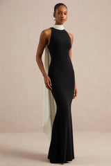 Calise | Black & White High-Neck Maxi Dress With Cape Detail