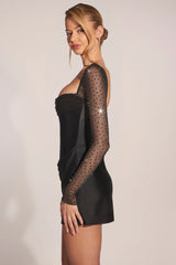 Embellished Long-Sleeve Draped Mini Dress In Black