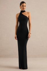 Maebelle | Black Asymmetric-Neck Maxi Dress With Collar